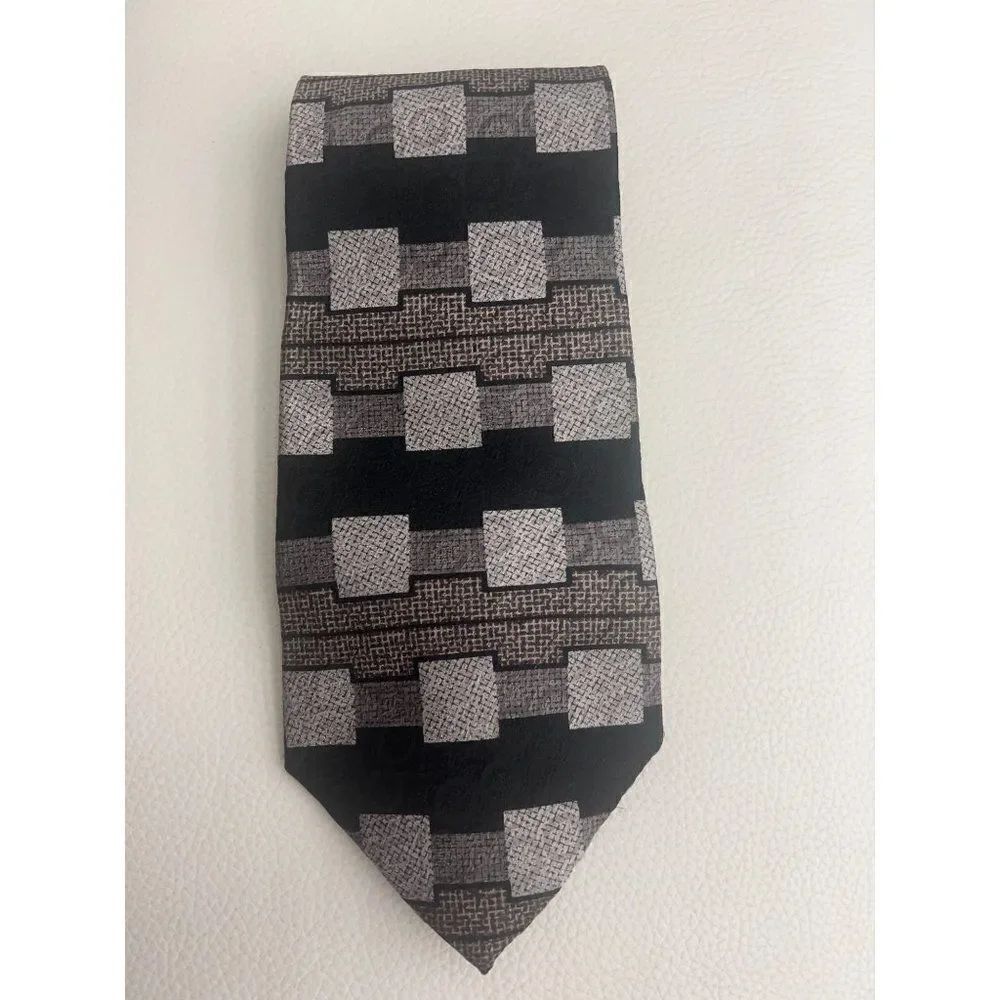 Stafford Executive Men's Silk Black Brown Gray Tan Square Pattern Necktie
